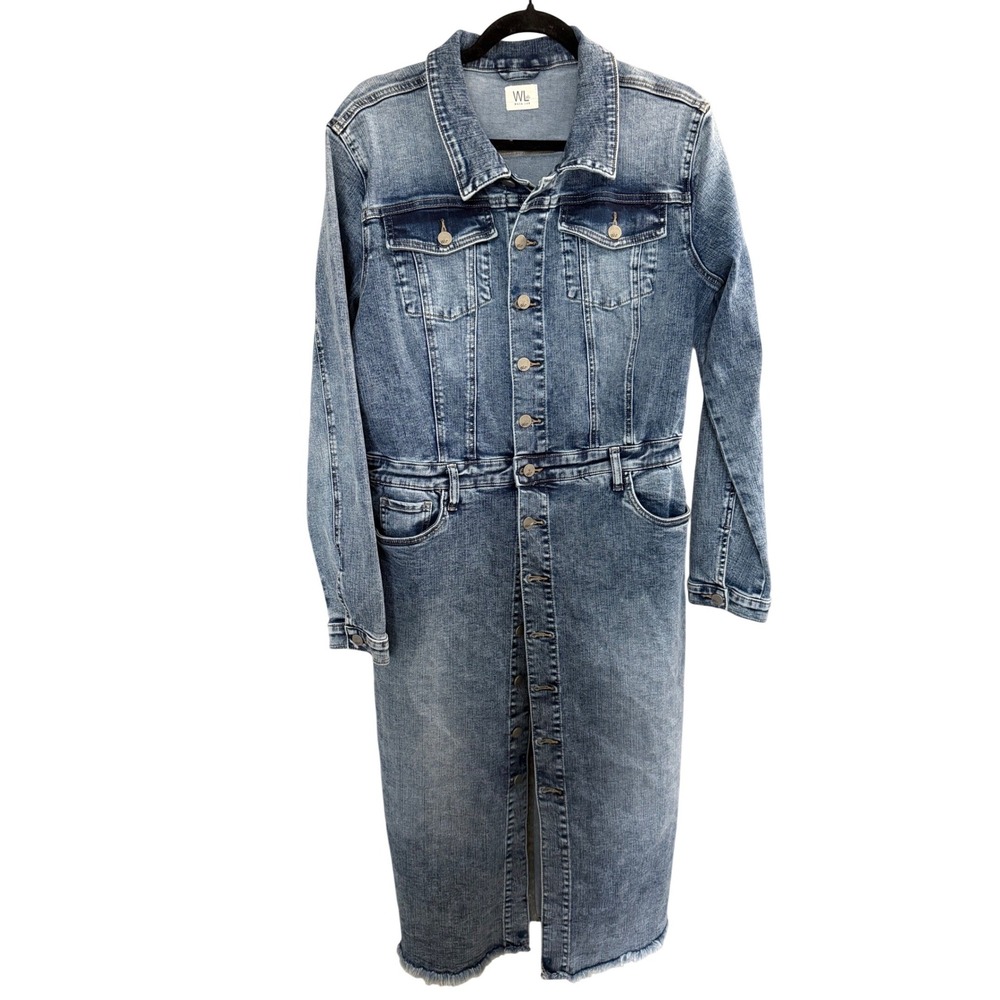 Wash Lab‎ Denim Shirt Dress L Blue Washed Raw Hem Preppy Quiet Luxury Y2K Heavy